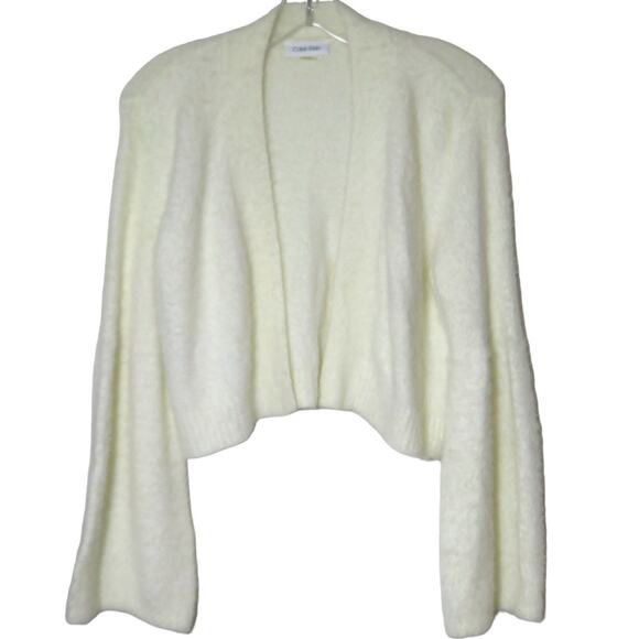Calvin Klein Fuzzy Cropped Sweater Open Front Long Sleeve Womens M Ivory/White - Picture 1 of 9